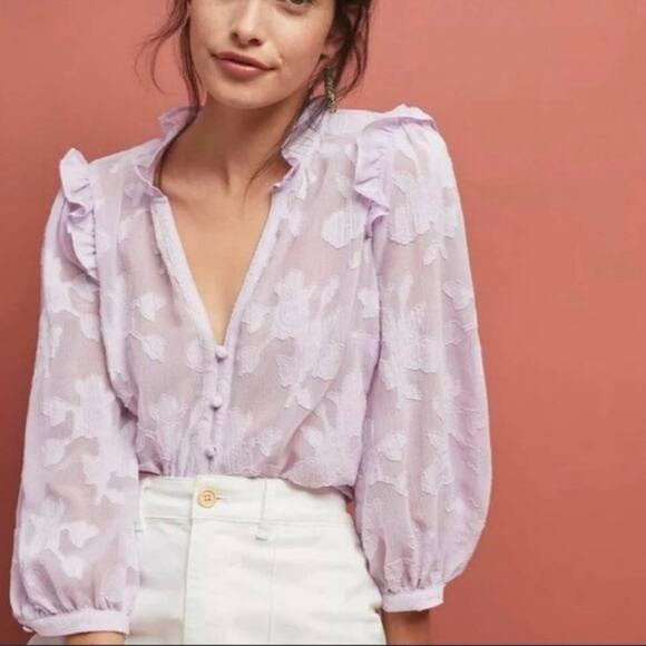 Anthropologie Maeve Mallory Lavender Lace floral appliqué ruffle shoulder Blouse - Picture 1 of 12